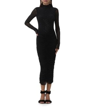 AFRM Cruz Rhinestone Long Sleeve Mesh Midi Dress - Black