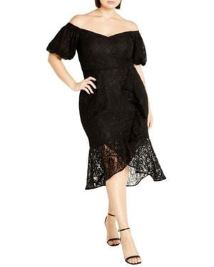 City Chic Lily Off The Shoulder Lace Dress - Black