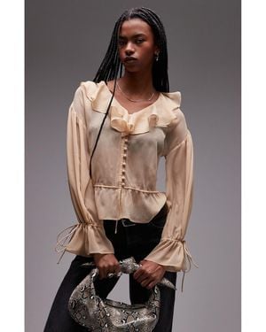 TOPSHOP Ruffle Tie Front Sheer Top - Brown