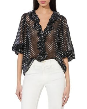 Alice + Olivia Betsie Clip Dot Ruffle Sheer Silk Blend Top - Black