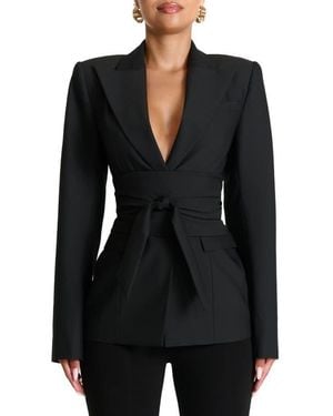 Naked Wardrobe Power Shoulder Tie Waist Blazer - Black