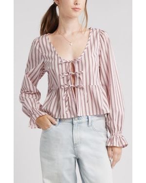 BP. Tie Front Scoop Neck Cotton Poplin Peplum Top - Red
