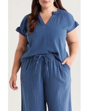 Caslon Ruffle Accent Cotton Gauze Top - Blue