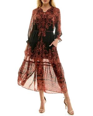 Socialite Poet Long Sleeve Chiffon Midi Dress - Brown