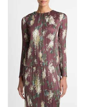 Vince Lilac-Print Micro-Pleated Satin Top - Red