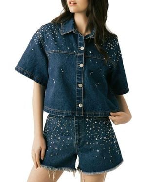 Blank NYC Stud Detail Elbow Sleeve Denim Button-Up Shirt - Blue