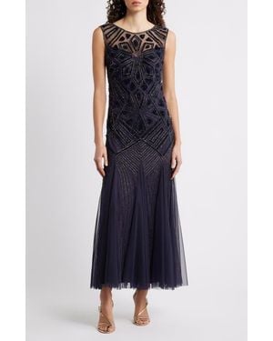 Pisarro Nights Geometric Beaded Sleeveless Gown - Blue