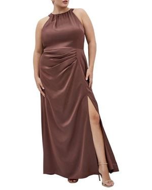 City Chic Celina Halter Neck Satin Maxi Dress - Brown