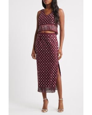 Saylor Embellished Fringe Crop Top & Midi Skirt Set - Red