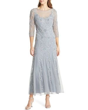 Pisarro Nights Beaded Illusion Neck Gown - Gray