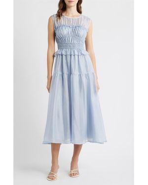 Moon River Semi Sheer Yoke Gathered Peplum Midi Dress - Blue