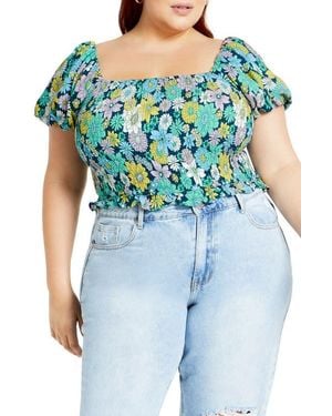 City Chic Naomi Smocked Off The Shoulder Top - Blue