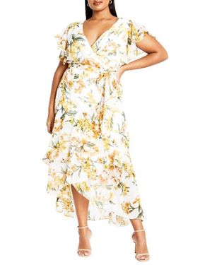 City Chic Floral Print Faux Wrap Dress - Metallic