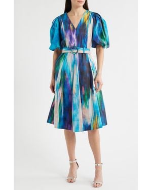 Tahari Miriam Ikat Print Belted Cotton Dress - Blue