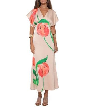 Adelyn Rae Madelyn Floral Flutter Sleeve Satin Maxi Dress - White