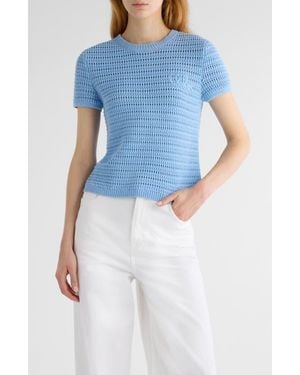 Chloé Open Knit Short Sleeve Organic Cotton Sweater - Blue
