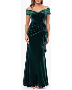 Xscape Evenings Ruffle Off The Shoulder Stretch Velvet Gown - Green