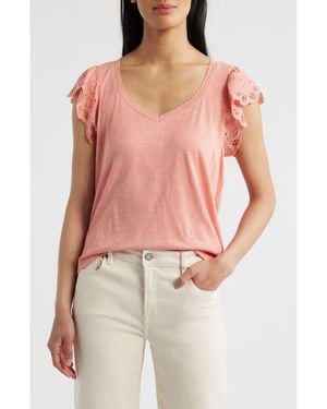 Wit & Wisdom Eyelet Flutter Sleeve Jersey T-Shirt - Red