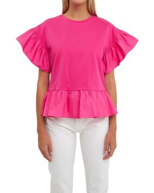 English Factory Mixed Media Flutter Sleeve Peplum Cotton Top - Pink