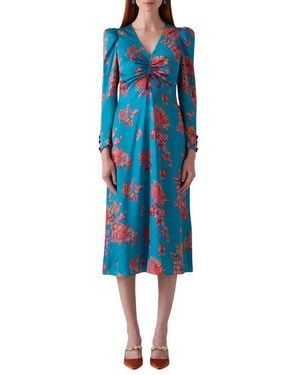 LK Bennett Celeste Floral Print Long Sleeve Midi Dress - Blue