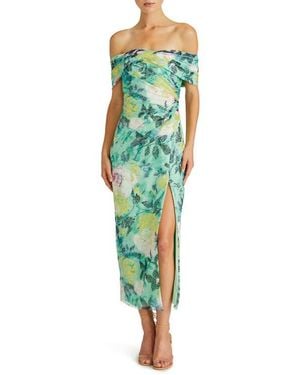 ML Monique Lhuillier Allie Floral Print Off The Shoulder Lace Midi Cocktail Dress - Green