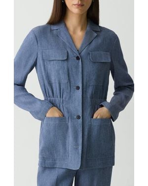 Theory Denim Pattern Cinched Waist Linen Blend Jacket - Blue
