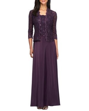 Alex Evenings 2121198 Lace Quarter Sleeve Jacket Long Gown - Purple