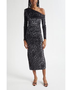 Ramy Brook Anastasia Leopard Spot Velvet Burnout One-Shoulder Midi Dress - Black