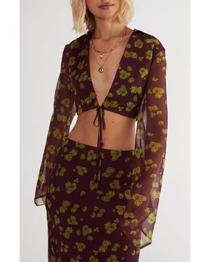 Nasty Gal Floral Tie Front Chiffon Crop Top - Brown