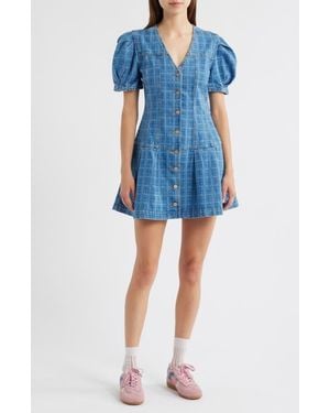 Damson Madder Adeline Grid Puff Sleeve Denim Minidress - Blue