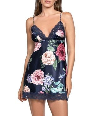 In Bloom Sicily Floral Lace Trim Strechy Satin Chemise - Blue