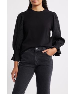 Wit & Wisdom Mixed Media Smocked Sleeve Top - Black
