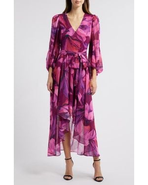 Eliza J Metallic Fleck Floral Long Sleeve High Low Dress - Red