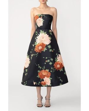 SAU LEE Fiora Floral Strapless Satin Gown - Blue