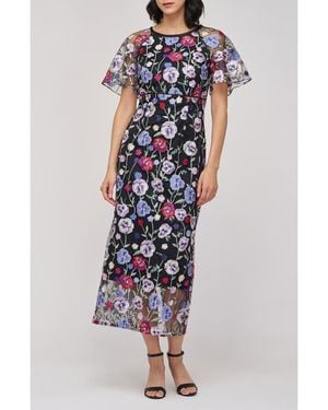 JS Collections Embroidered Floral Mesh Cocktail Dress - Blue