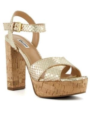 Dune Rept Print Leather Jealous Cross-Strap Croc-Embossed Leather Platform Sandals - Metallic