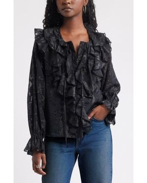 Treasure & Bond Ruffle Neck Chiffon Top - Black