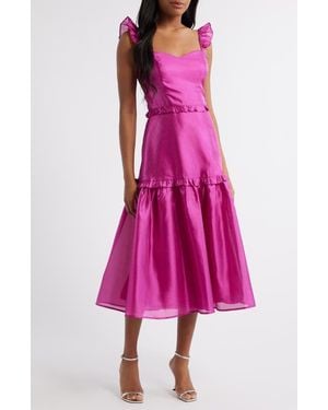 Lulus Ruffle Detail Textured Satin Dress - Pink