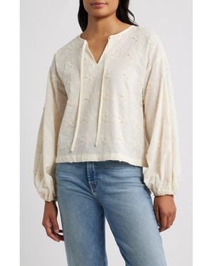 Bobeau Balloon Sleeve Tie Neck Cotton Top - White