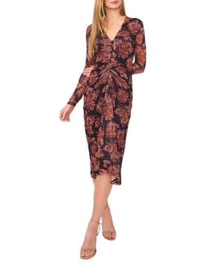 Ted Baker Floral Long Sleeve Center Ruched Midi Dress - Red