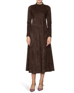 MELLODAY Long Sleeve Faux Suede A-Line Dress - Brown