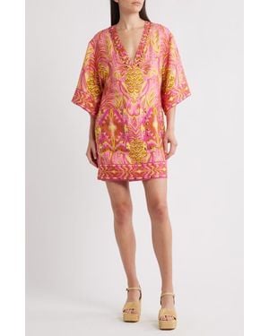 FARM Rio Pineapple Tapestry Studded Linen Shift Dress - Red