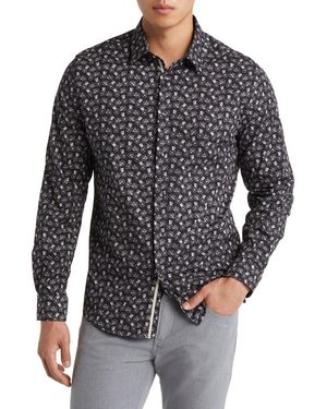 Stone Rose Bicycle Print Stretch Cotton Button-Up Shirt - Black