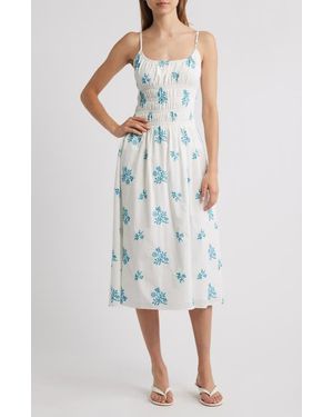 Charles Henry Floral Embroidery Smock Waist Cotton Dress - Multicolor
