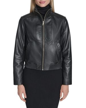 Cole Haan Stand Collar Leather Bomber Jacket - Black