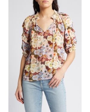 Rails Paris Floral Split Neck Top - Blue