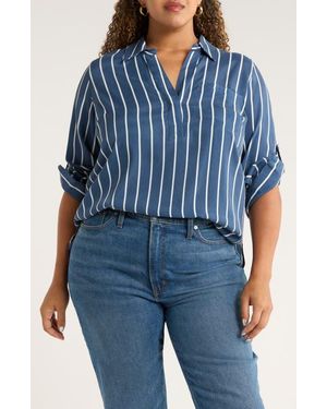 UNIVERSAL STANDARD Button Back Stripe Johnny Collar Popover Shirt - Blue