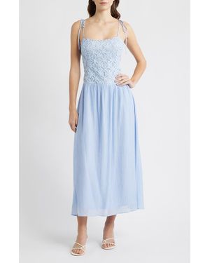 Moon River Floral Appliqué Tie Shoulder Midi Dress - Blue