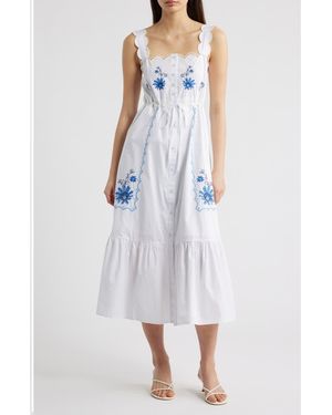 Moon River Floral Embroidery Detail Cotton Dress - Blue