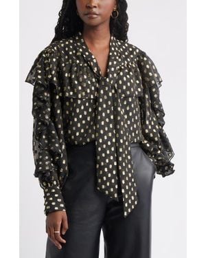 Treasure & Bond Tie Neck Metallic Chiffon Top - Black